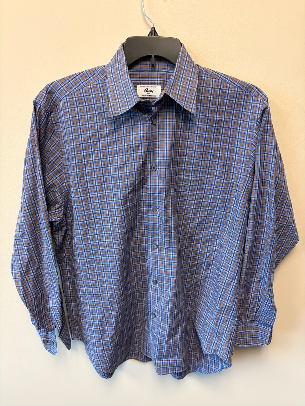 Brioni Shirt M Blue Brown Check Shirt Soft Cotton ITALY Fits Big Long Sleeve